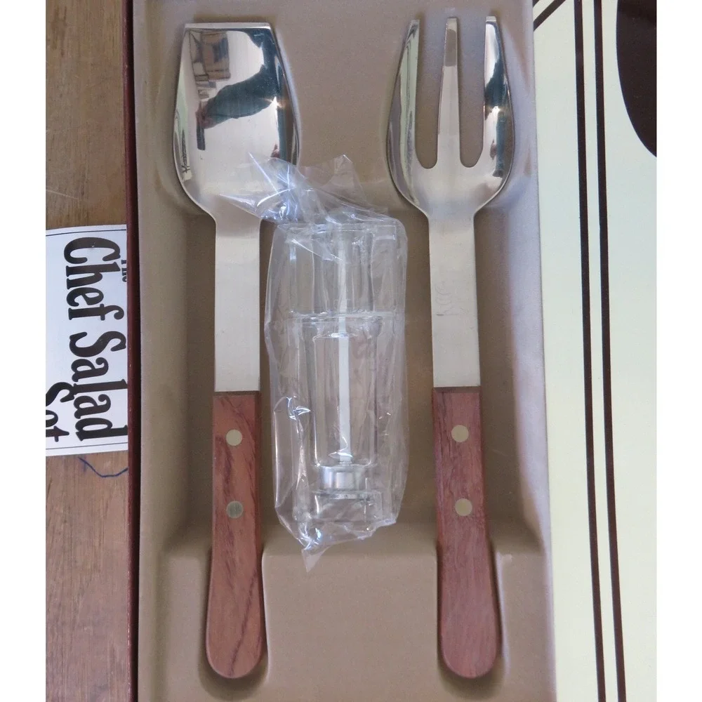 Vernco‎ Chef Salad Set Wood Handle Stainless Spoon Fork Salt & Pepper Grinder